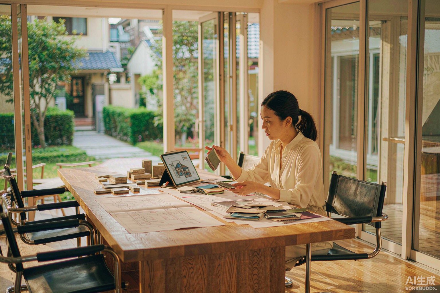 Chinese interior designer working on villa floor plans and 3D layouts
